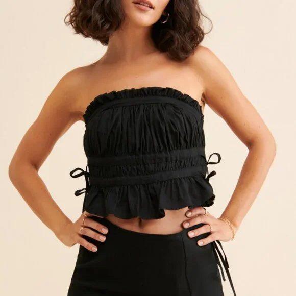 Free People Black Gabby Crop Tube Womens Top Smocked Ruched Side Tie Size Large - Picture 2 of 5